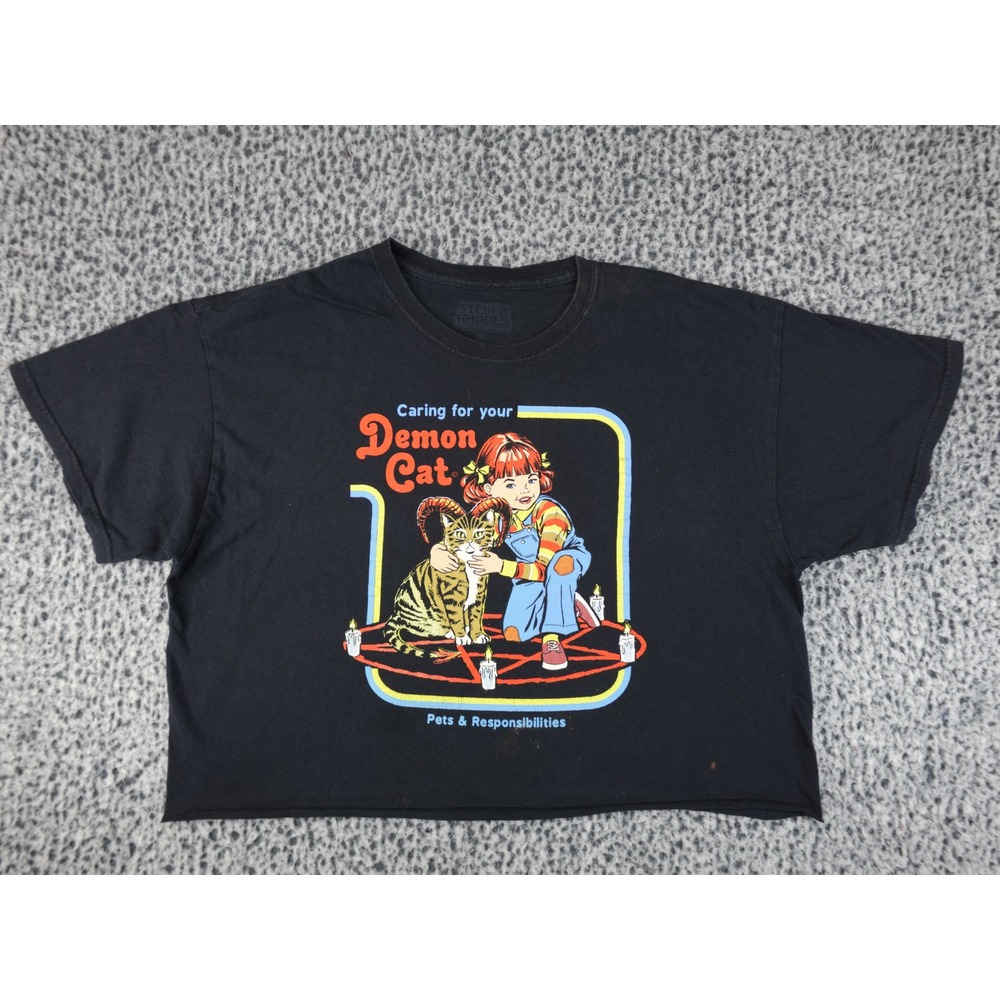 Steven Rhodes Demon Cat‎ Graphic T-Shirt Women XL Black Good Raw Cut Crop Top